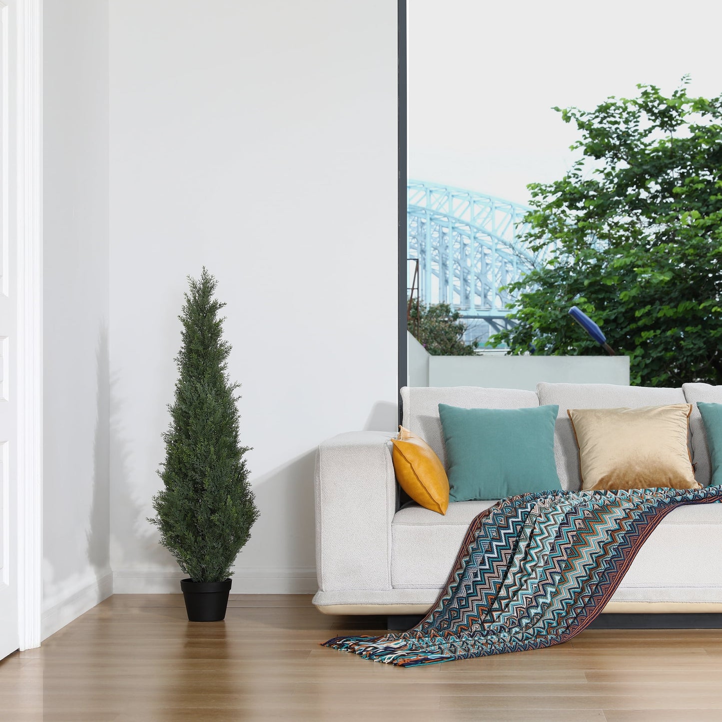 DR.Planzen 4 FT Artificial Cedar Tree with 1050 PE Leaves, Indoor Faux Topiary Cedar Tree, Potted Fake Tree - Adjustable Branches - Slim Decor for Entryway & Covered Porch