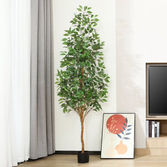 7 ft Realistic Artificial Ficus Tree in Pot, Natural Trunk, Lush Leaves, Lifelike Faux Tree