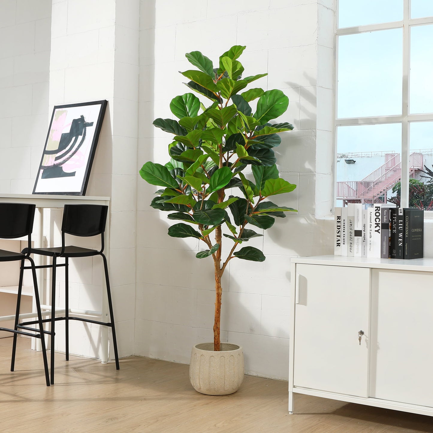 6FT Artificial Fiddle Leaf Fig Plants, Faux Plastic Tree with Natural Wood Trunk for Home Decor Office House Living Room Indoor Outdoor, Fake House Plant, Tall Plants for Indoor