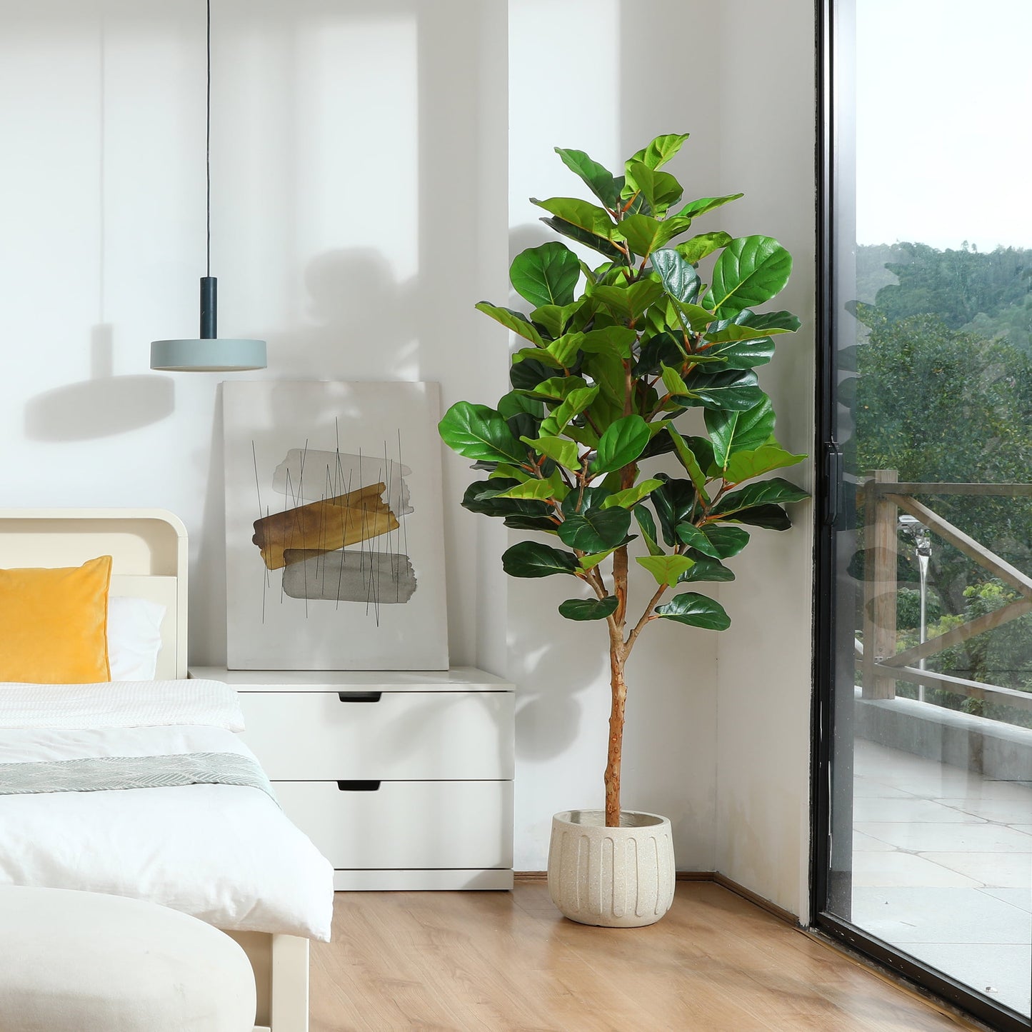 6FT Artificial Fiddle Leaf Fig Plants, Faux Plastic Tree with Natural Wood Trunk for Home Decor Office House Living Room Indoor Outdoor, Fake House Plant, Tall Plants for Indoor