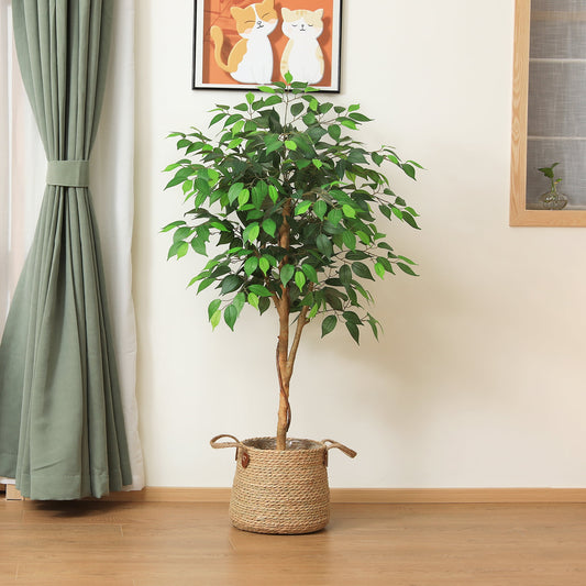 5 Feet Artificial Ficus Tree - Fake Silk Plants with Lifelike Leaves and Natural Wood Trunk - Faux Potted Tree for Indoor Home Decor
