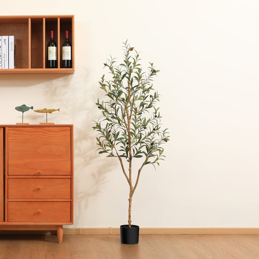 5 ft Artificial Olive Plants with Realistic Leaves and Natural Trunk, Silk Fake Potted Tree with Wood Branches and Fruits, Faux Olive Tree for Office Home Decor