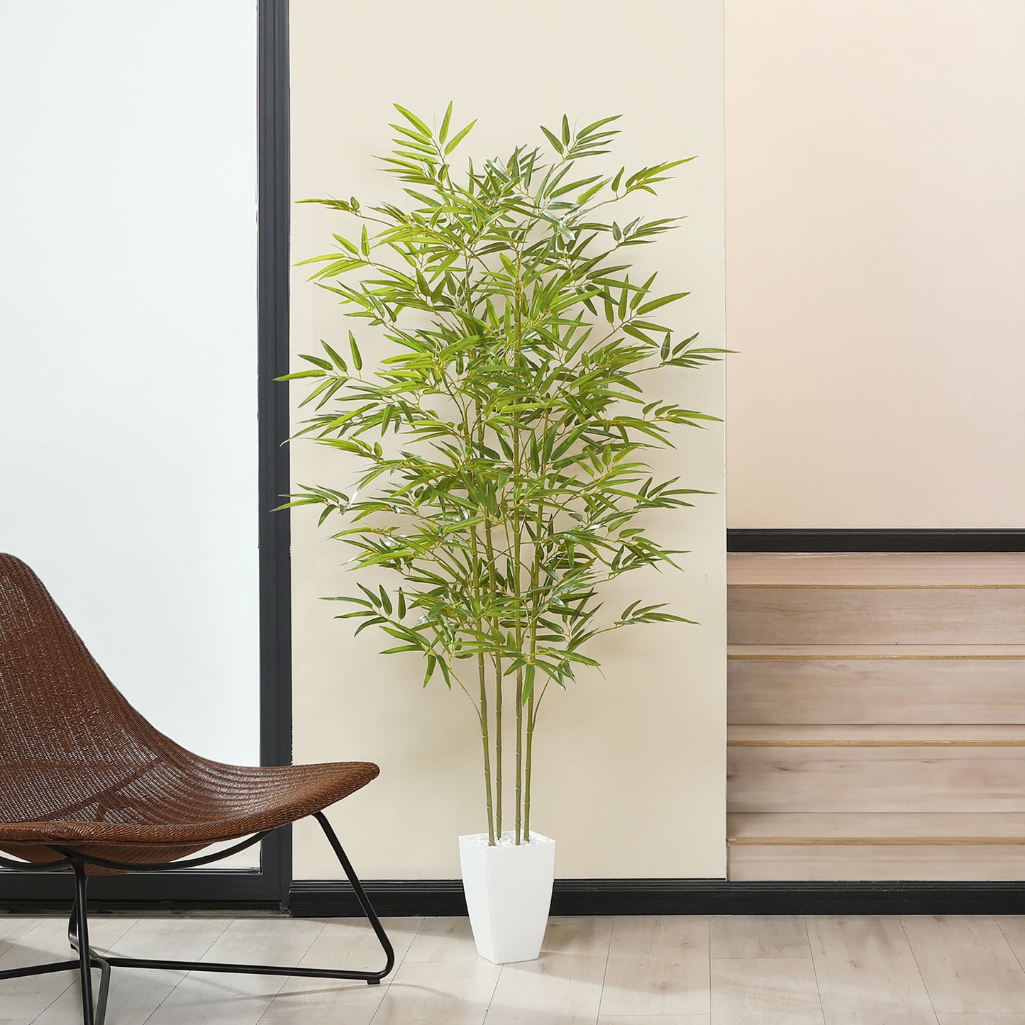 5FT Artificial Bamboo Tree Potted in 9.4 inches High White Taper Planter Fake Plant Lifelike Plastic Faux Trees for Room Office Home Decor Indoor Outdoor