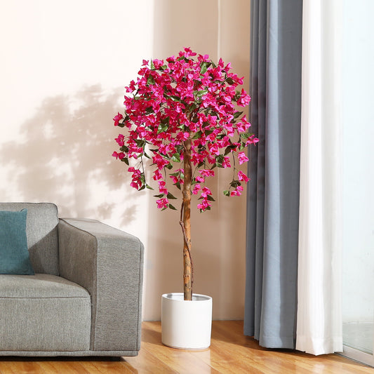 5FT Tall Potted Artificial Bougainvillea Tree, Outdoor Indoor Office Wedding Home Decor Plants with Wood Trunk and Pink Flowers, DR.PLANZEN, 12 lb
