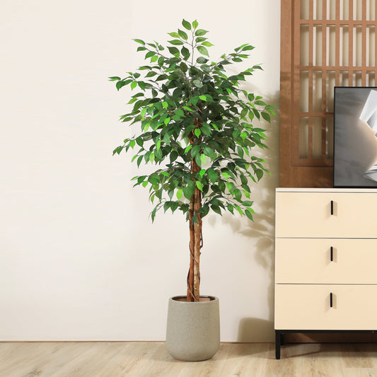 5ft Artificial Ficus Tree with Natural Wood Trunk, Silk Fake Ficus Tree in Plastic Nursery Pot, Faux Plant for Office Home, Indoor Outdoor Decor, 1 Pack