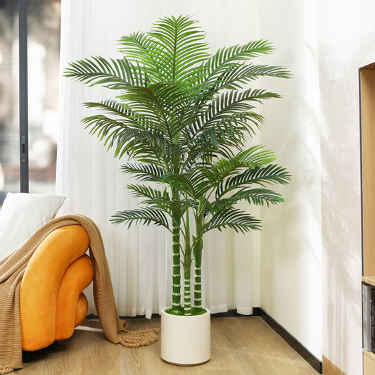 6 ft Artificial Golden Cane Palm Tree with Large White Planter, Faux Palm Plants in Pot