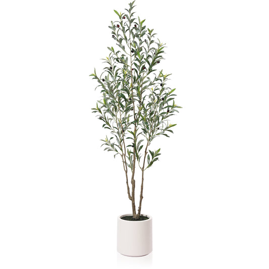 6 ft Tall Large Artificial Olive Tree with 10.6 inches White Planter ,Fake Olive Trees for Indoor Use,Faux Olive Silk Tree,Olive Plantsfor Home Decor and Housewarming Gift