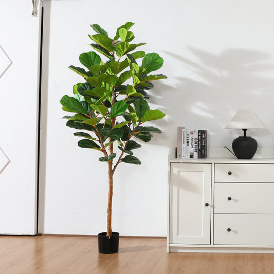 6FT Artificial Fiddle Leaf Fig Plants, Faux Plastic Tree with Natural Wood Trunk for Home Decor Office House Living Room Indoor Outdoor, Fake House Plant, Tall Plants for Indoor