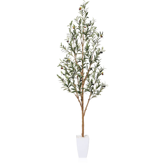 6FT Artificial Olive Tree with 9 inches White Taper Planter,Faux Tropical Silk and Lifelike Fruits Fake Greenery Potted Plant for Home Office Decor Indoor Outdoor