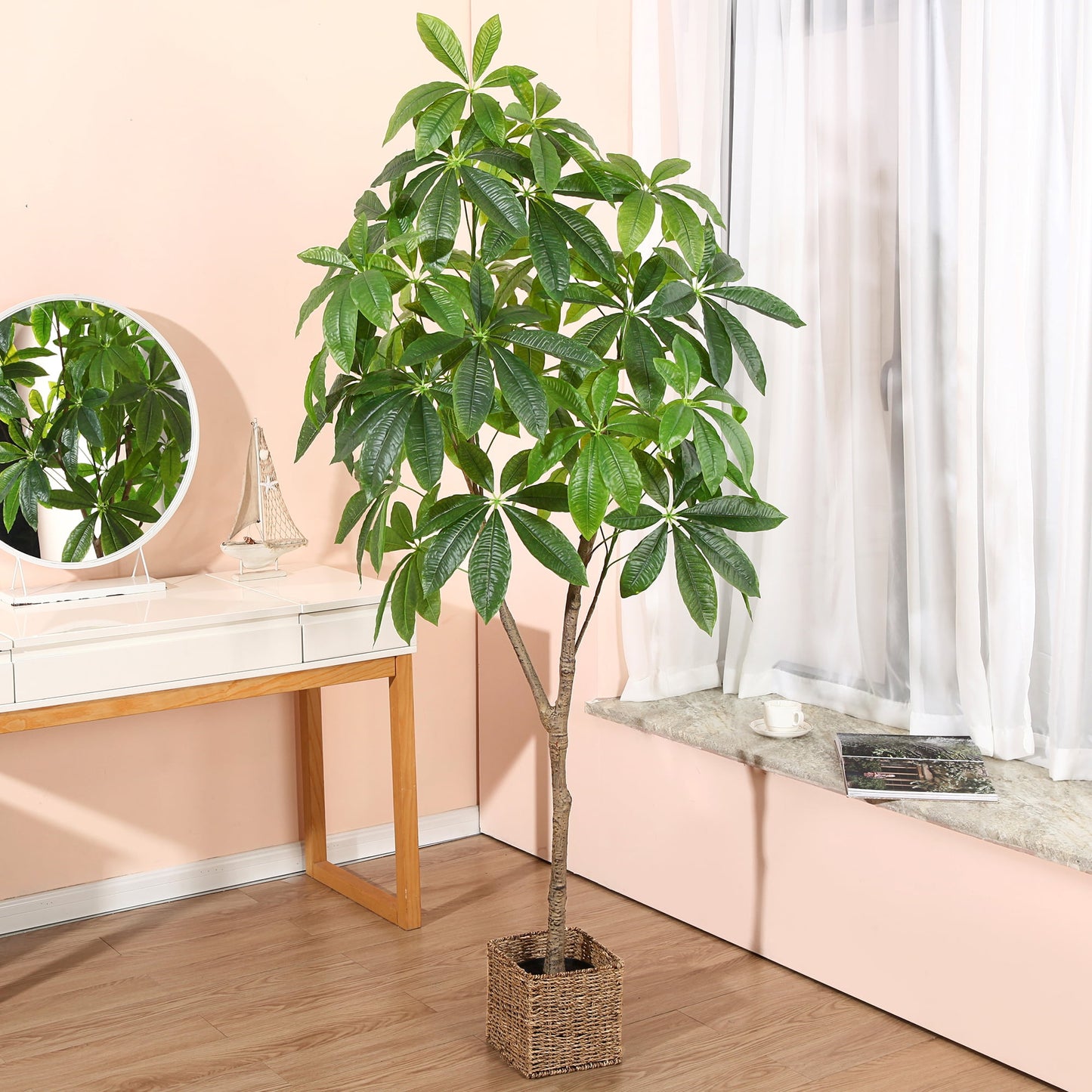 6FT Artificial Plants Pachira Aquatica Money Tree, Fake Plastic Money Plant, Pre Potted Faux Greenry Plant for Home Decor Office House Living Room Indoor Outdoor