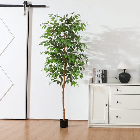 6FT Tall Artificial Ficus Tree with Natural Wood Trunk and Lifelike Leaves, Silk Fake Potted Tree with Wood Branches, Faux Tree for Office Home Decor