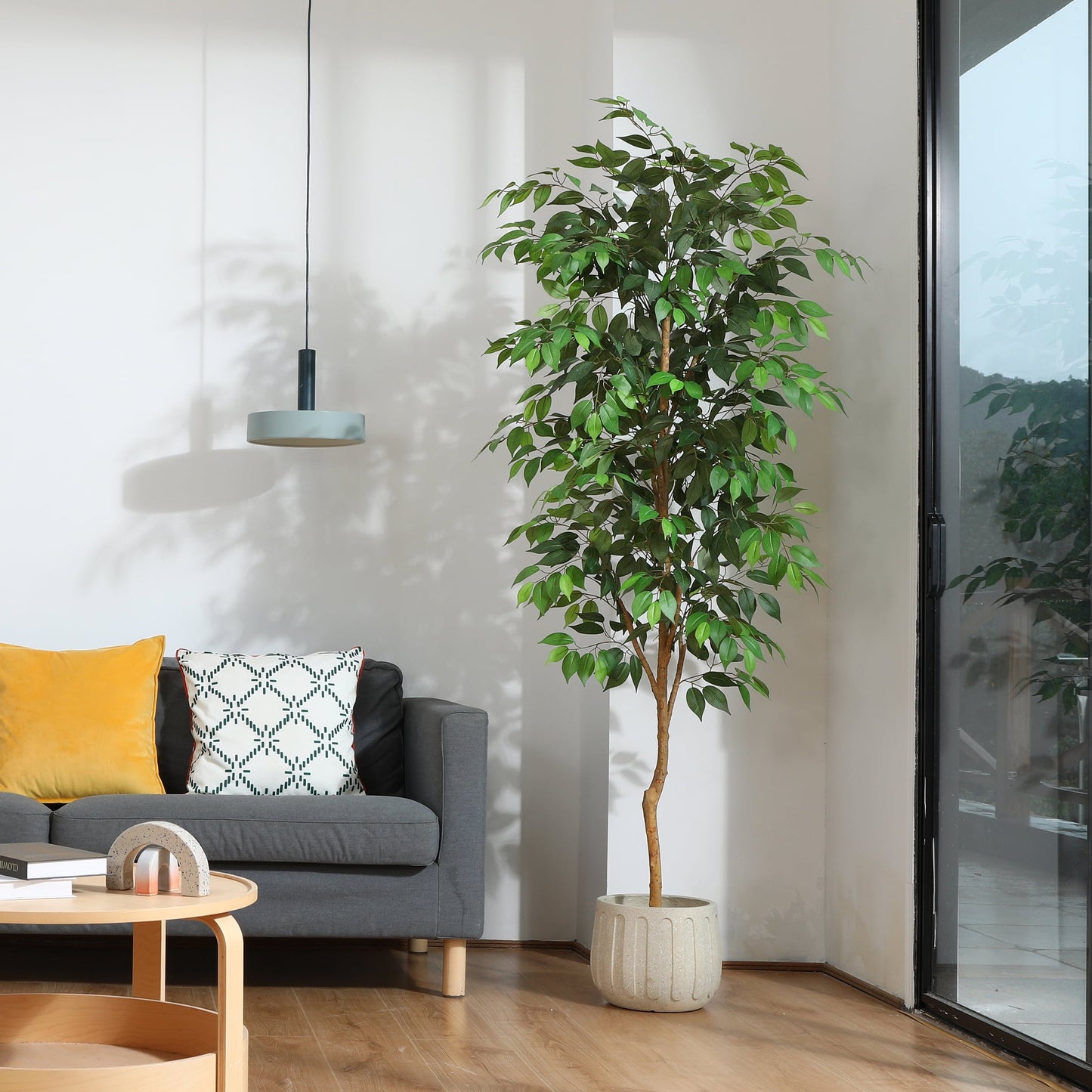 7FT Tall Artificial Ficus Tree with Natural Wood Trunk and Lifelike Leaves, Silk Fake Potted Tree with Wood Branches, Faux Tree for Office Home Decor