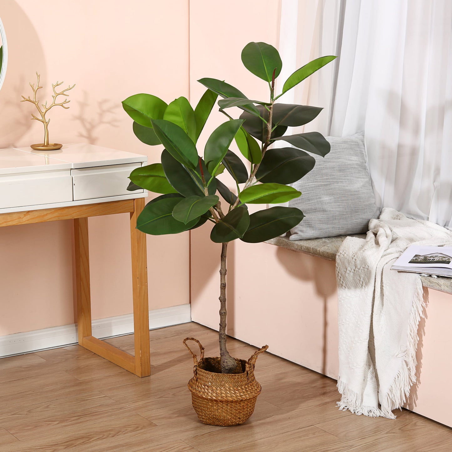Artificial Rubber Tree, 4 FT Fake Plastic Ficus Plants, Pre Potted Faux Greenry Plants for Home Decor Office House Living Room Indoor Outdoor