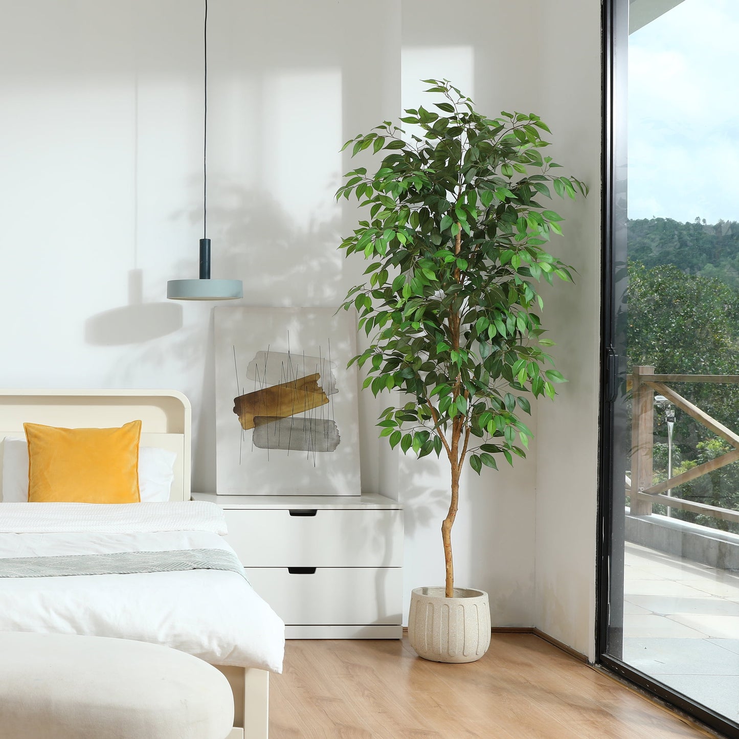 7FT Tall Artificial Ficus Tree with Natural Wood Trunk and Lifelike Leaves, Silk Fake Potted Tree with Wood Branches, Faux Tree for Office Home Decor