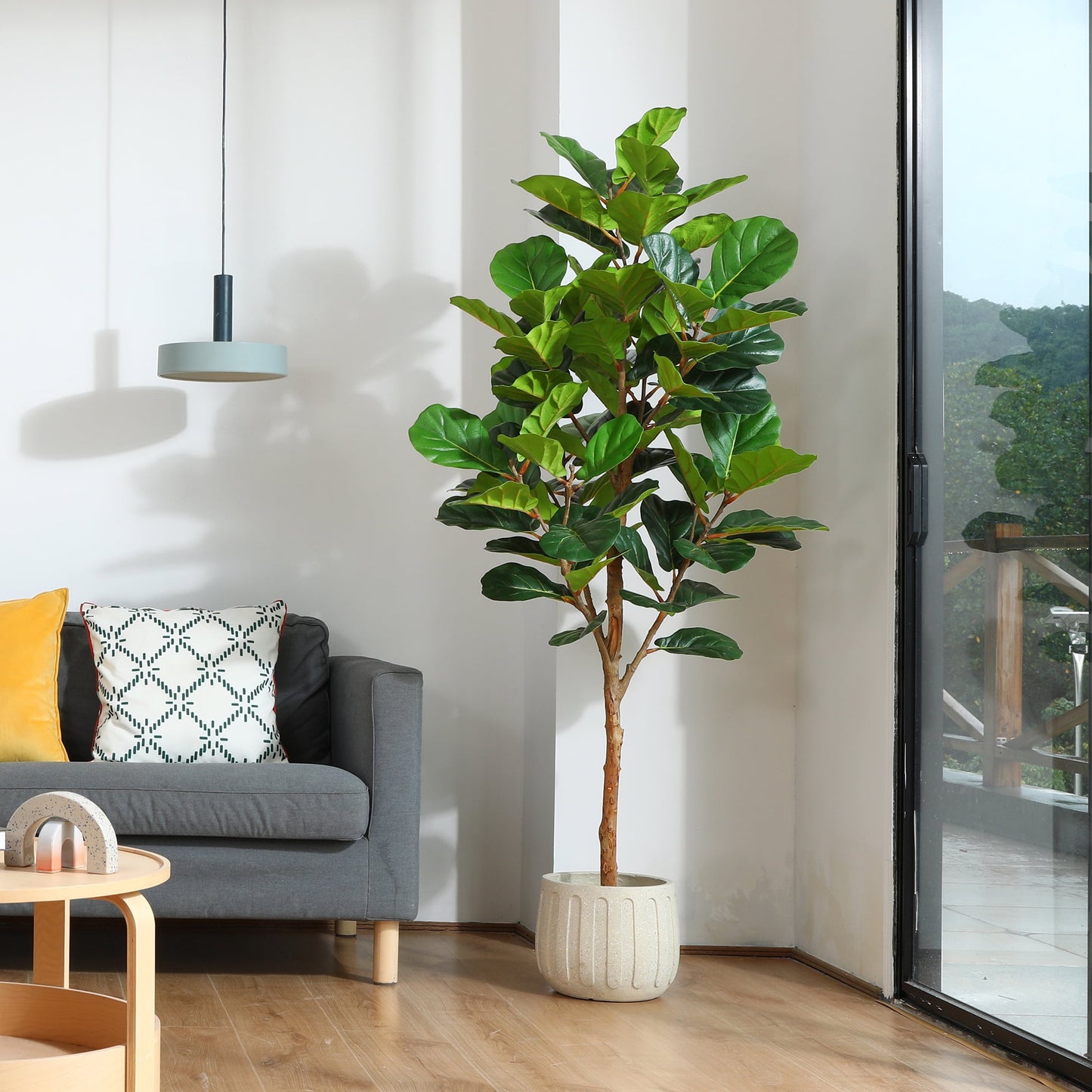 6FT Artificial Fiddle Leaf Fig Plants, Faux Plastic Tree with Natural Wood Trunk for Home Decor Office House Living Room Indoor Outdoor, Fake House Plant, Tall Plants for Indoor