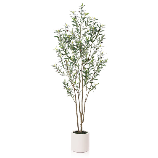 7 ft Tall Large Artificial Olive Tree with 10.6 inches White Planter ,Fake Olive Trees for Indoor Use,Faux Olive Silk Tree,Olive Plantsfor Home Decor and Housewarming Gift