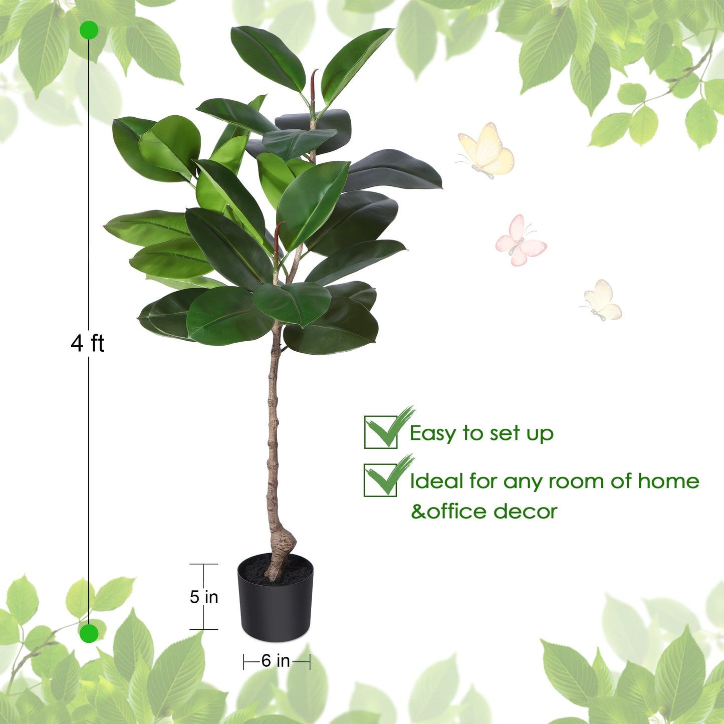 Artificial Rubber Tree, 4 FT Fake Plastic Ficus Plants, Pre Potted Faux Greenry Plants for Home Decor Office House Living Room Indoor Outdoor