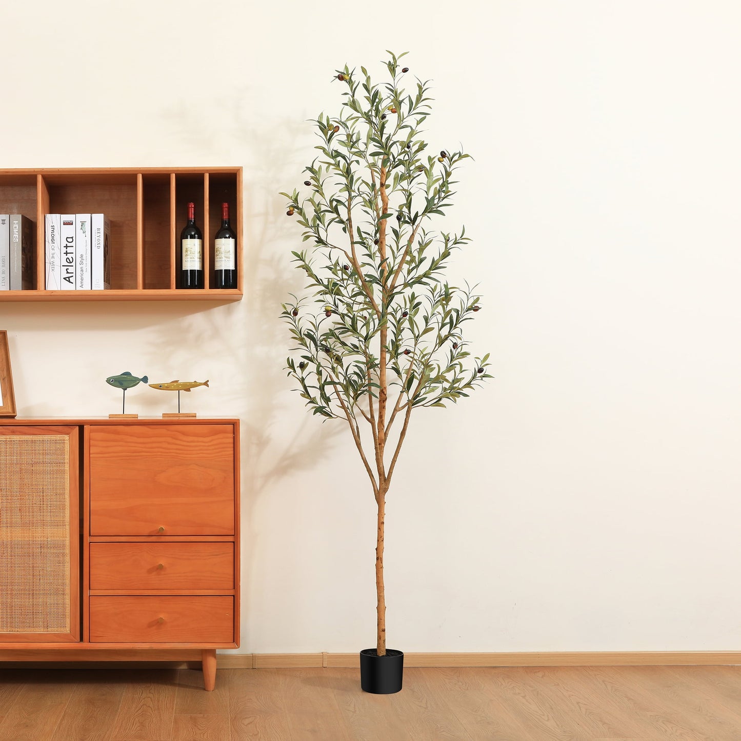 7 ft Artificial Olive Plants with Realistic Leaves and Natural Trunk, Silk Fake Potted Tree with Wood Branches and Fruits, Faux Olive Tree for Office Home Decor