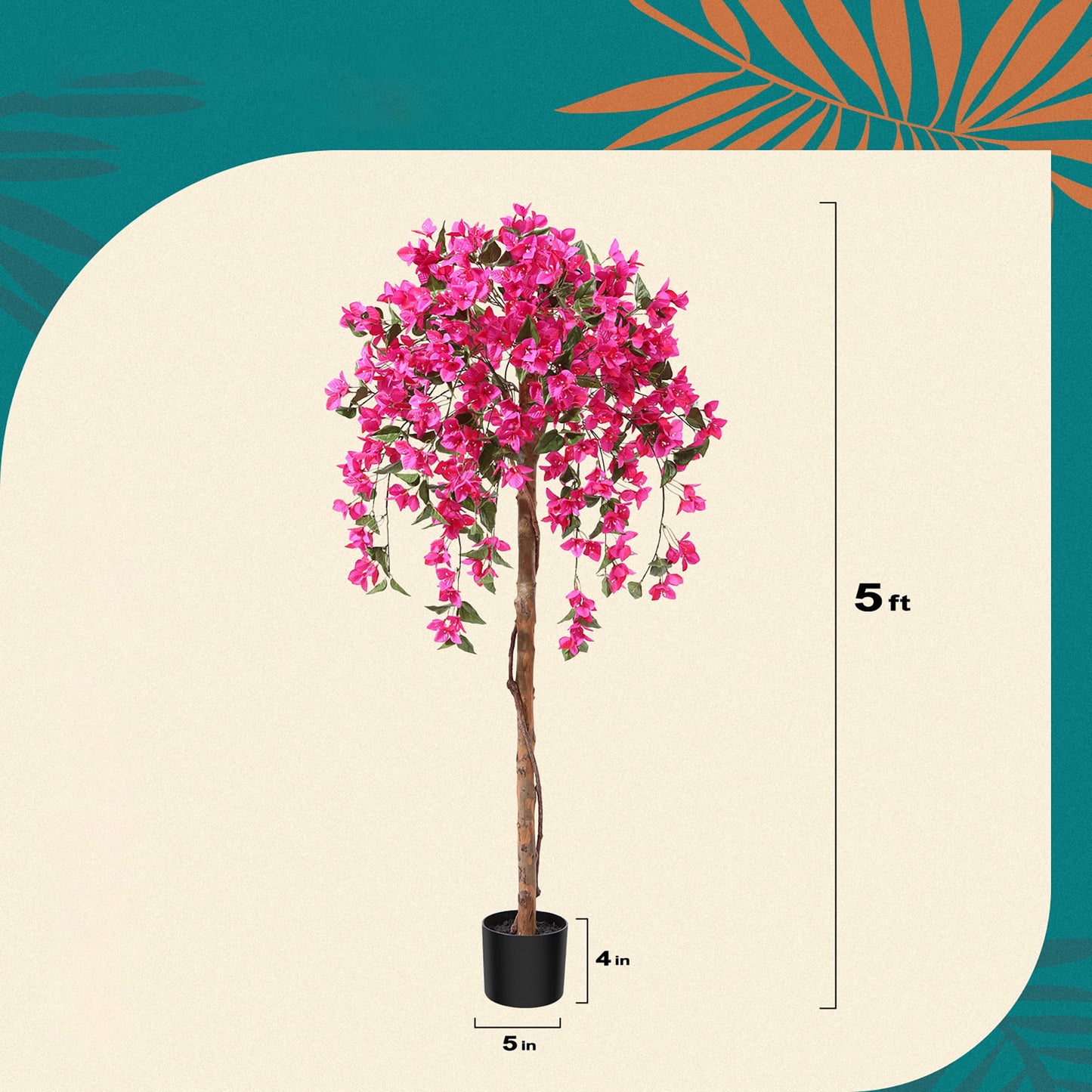 5FT Tall Potted Artificial Bougainvillea Tree, Outdoor Indoor Office Wedding Home Decor Plants with Wood Trunk and Pink Flowers, DR.PLANZEN, 12 lb