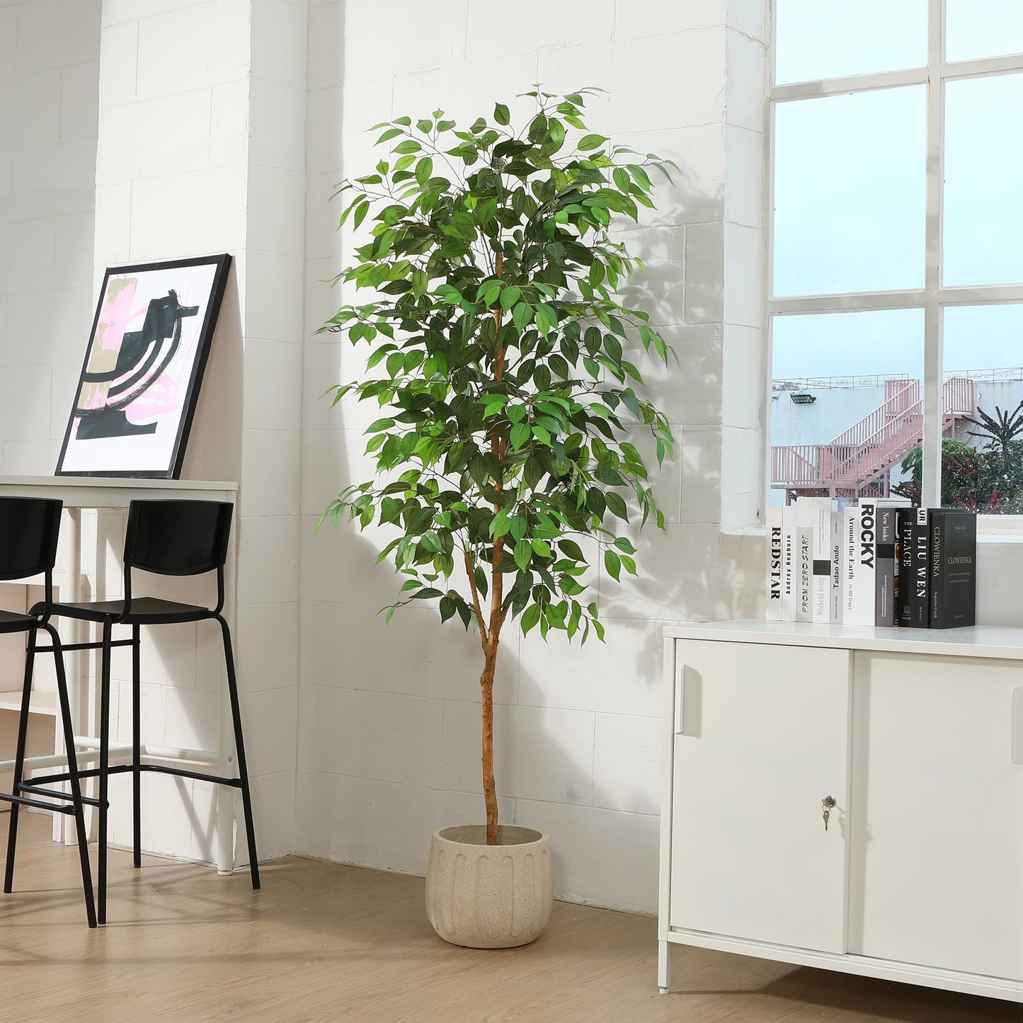 6FT Tall Artificial Ficus Tree with Natural Wood Trunk and Lifelike Leaves, Silk Fake Potted Tree with Wood Branches, Faux Tree for Office Home Decor